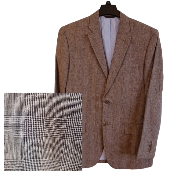 Tasso Elba Island Mens Blazer Size Medium Linen Cotton Glen Plaid Gray Business - Picture 1 of 8